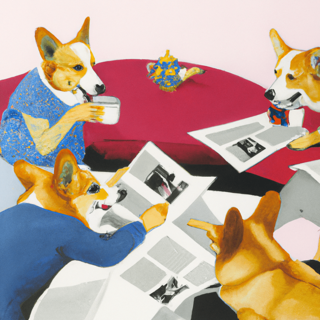 Make a picture with a bunch of corgis drinking their morning coffee together, reading the newspaper, and having adult conversations